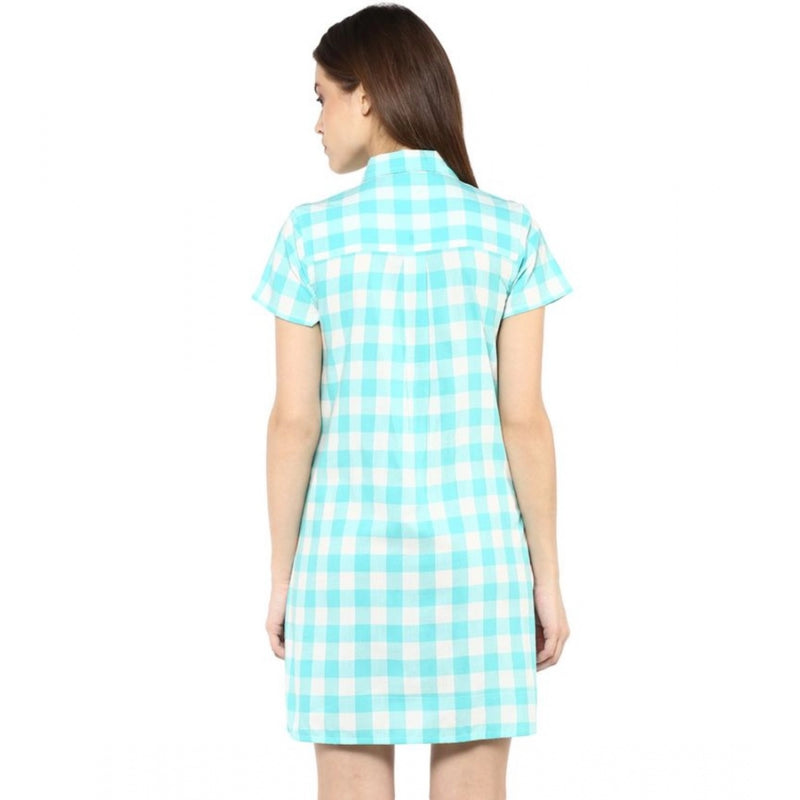 Mayawye Women's Rayon Checkered Short Sleeve Above Knee Dress (SkuBlue - White)