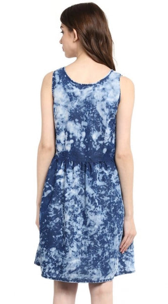 Mayawye Women's Denim Tie & Dye Sleeveless Above Knee Dress (Blue)