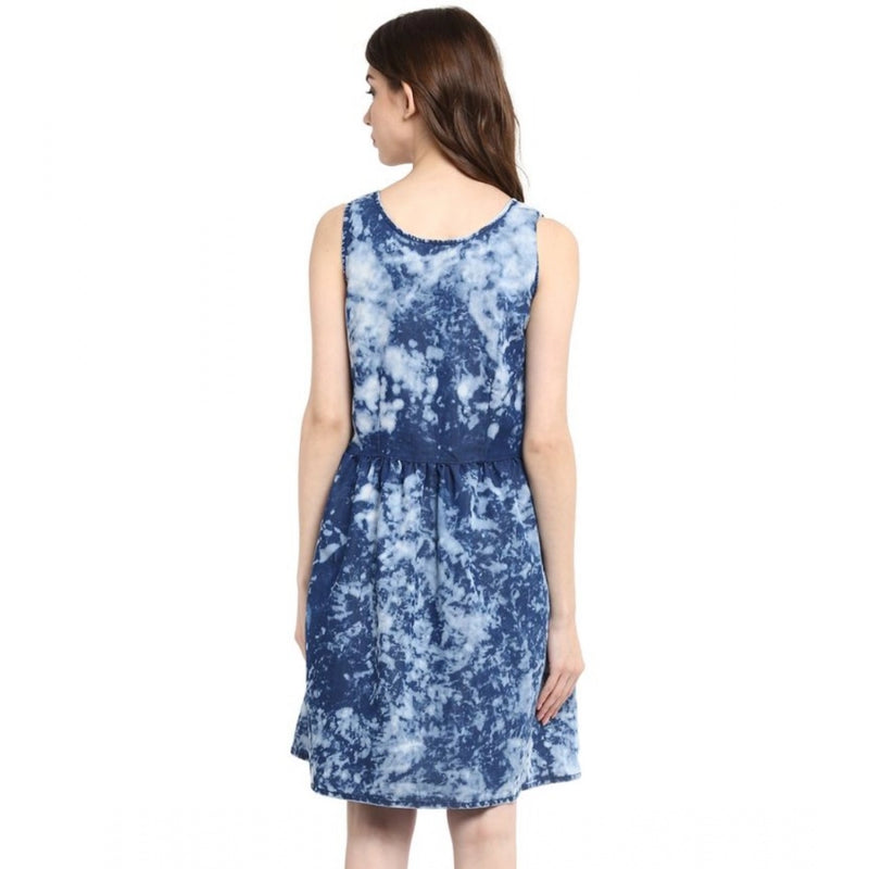Mayawye Women's Denim Tie & Dye Sleeveless Above Knee Dress (Blue)