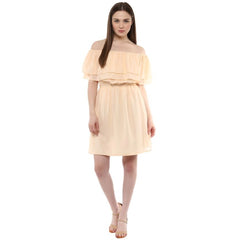 Mayawye Women's Polyester Solid Sleeveless Knee-Length Dress (Beige)