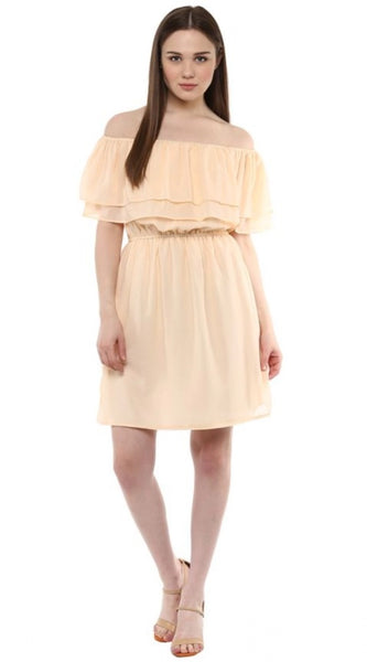 Mayawye Women's Polyester Solid Sleeveless Knee-Length Dress (Beige)