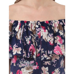 Mayawye Women's Polyester Crepe Floral Half Sleeve Above Knee Dress (Navy Blue)