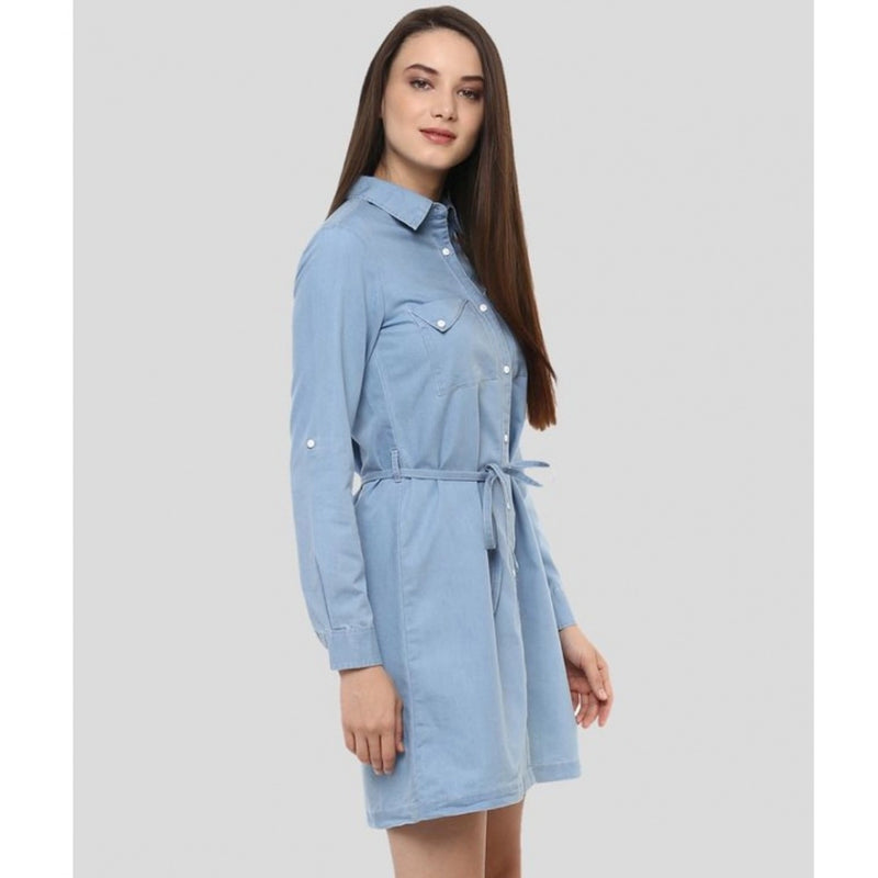 Mayawye Women's Denim Solid Long Sleeves Above Knee Dress (Blue)