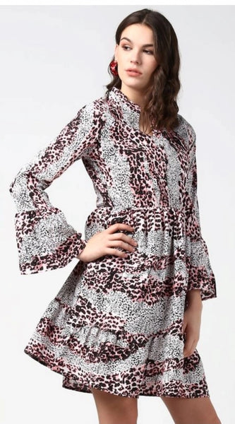 Mayawye Women's Polyester Animal Print Bell Sleeve Above Knee Dress (Pink - Black)