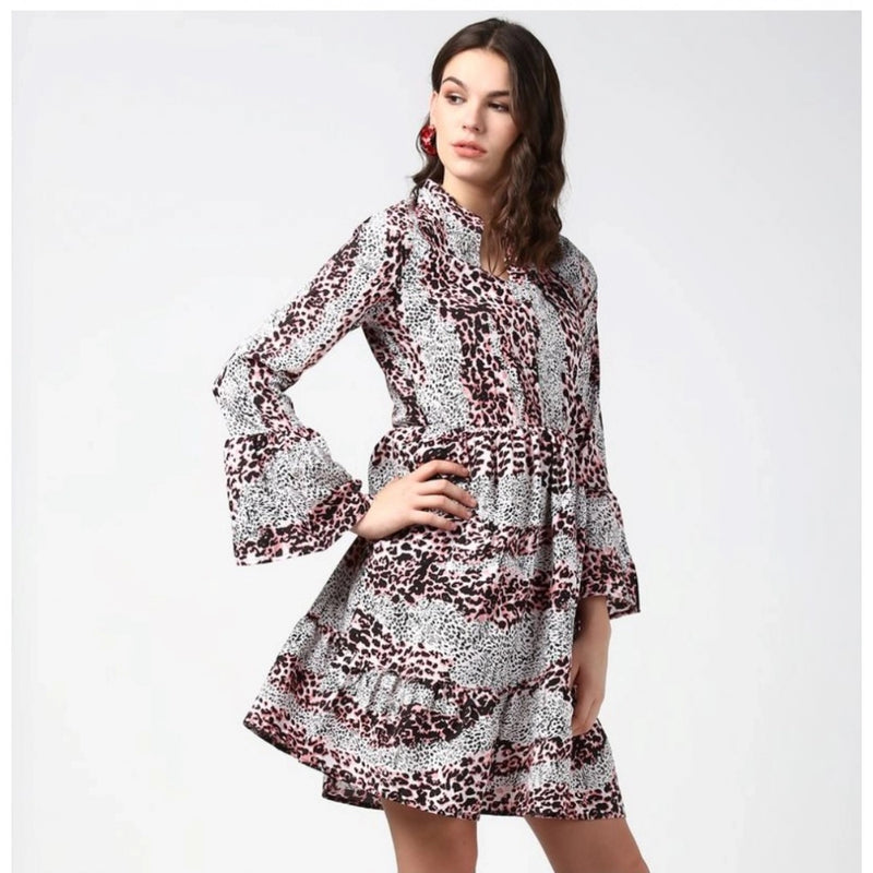 Mayawye Women's Polyester Animal Print Bell Sleeve Above Knee Dress (Pink - Black)