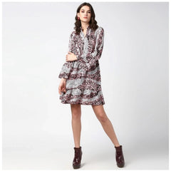 Mayawye Women's Polyester Animal Print Bell Sleeve Above Knee Dress (Pink - Black)