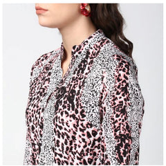 Mayawye Women's Polyester Animal Print Bell Sleeve Above Knee Dress (Pink - Black)