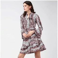 Mayawye Women's Polyester Animal Print Bell Sleeve Above Knee Dress (Pink - Black)