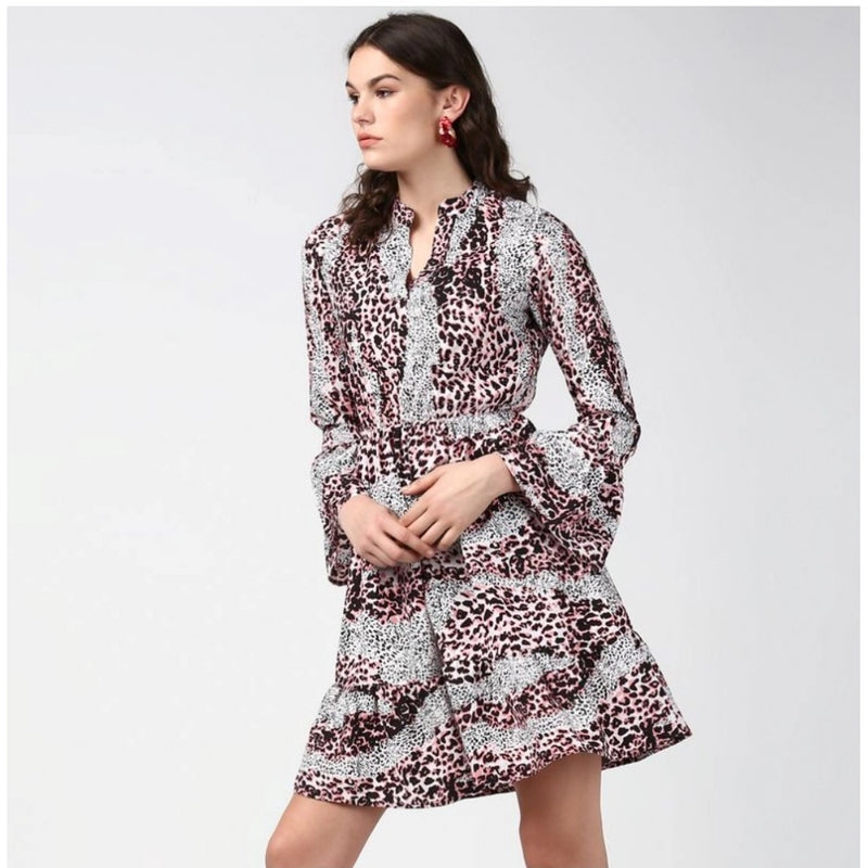 Mayawye Women's Polyester Animal Print Bell Sleeve Above Knee Dress (Pink - Black)