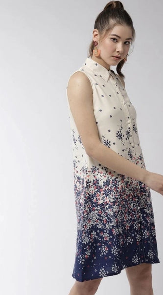 Mayawye Women's Polyester Floral Sleeveless Above Knee Dress (Cream)
