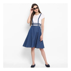 Mayawye Women's Denim Solid Shoulder Straps Below Knee Dress (Blue)