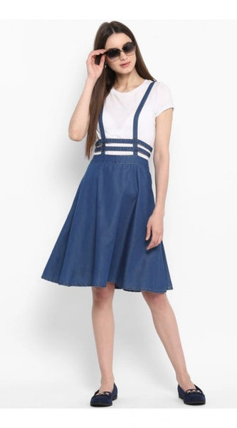 Mayawye Women's Denim Solid Shoulder Straps Below Knee Dress (Blue)