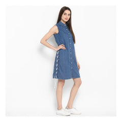 Mayawye Women's Denim Solid Sleeveless Above Knee Dress (Blue)