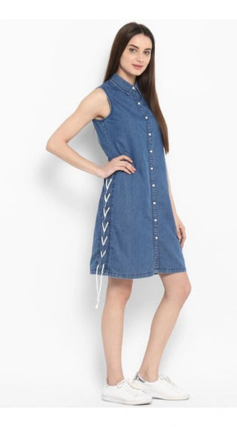 Mayawye Women's Denim Solid Sleeveless Above Knee Dress (Blue)