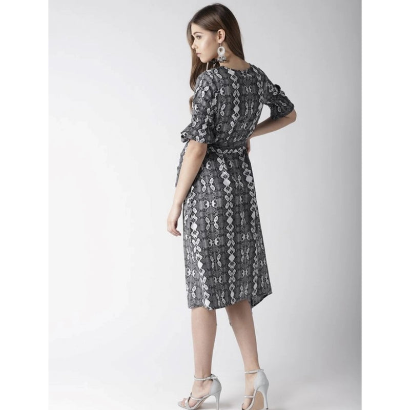 Mayawye Women's Polyester Animal Print Short Sleeve Knee-Length Dress (Black - White)