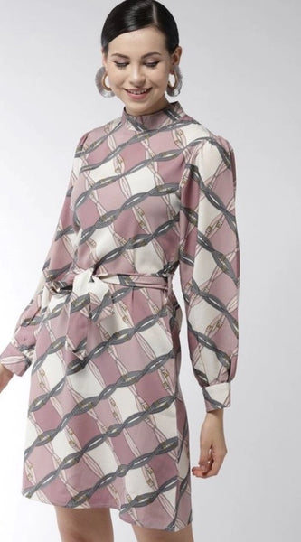 Mayawye Women's Polyester Checkered Long Sleeves Above Knee Dress (Off White - Lavender)