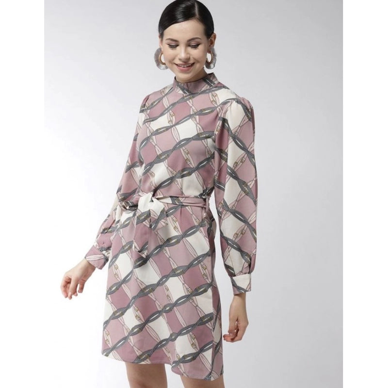 Mayawye Women's Polyester Checkered Long Sleeves Above Knee Dress (Off White - Lavender)