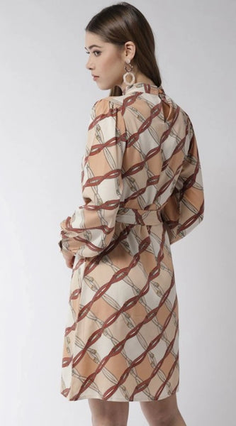 Mayawye Women's Polyester Checkered Long Sleeves Above Knee Dress (Off White - Brown)