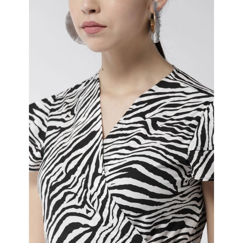 Mayawye Women's Polyester Animal Print Short Sleeve Knee-Length Dress (Black - White)