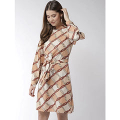 Mayawye Women's Polyester Checkered Long Sleeves Above Knee Dress (Off White - Brown)