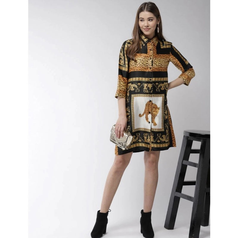 Mayawye Women's Satin Animal Print 3-4th Sleeves Above Knee Dress (White - Orange)
