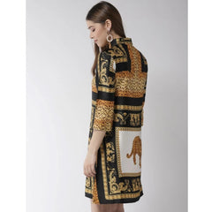 Mayawye Women's Satin Animal Print 3-4th Sleeves Above Knee Dress (White - Orange)
