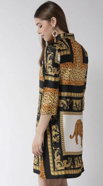 Mayawye Women's Satin Animal Print 3-4th Sleeves Above Knee Dress (White - Orange)