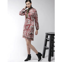 Mayawye Women's Polyester Printed Long Sleeves Above Knee Dress (Red)