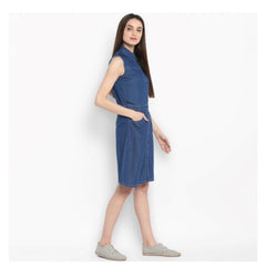 Mayawye Women's Denim Solid Sleeveless Above Knee Dress (Blue)