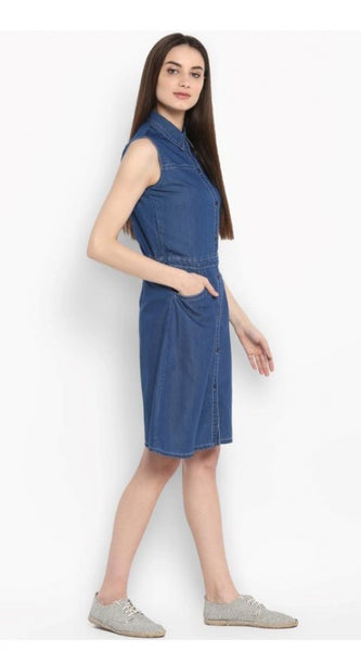 Mayawye Women's Denim Solid Sleeveless Above Knee Dress (Blue)