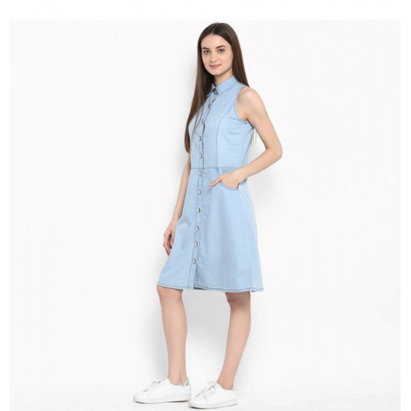Mayawye Women's Denim Solid Sleeveless Below Knee Dress (Blue)