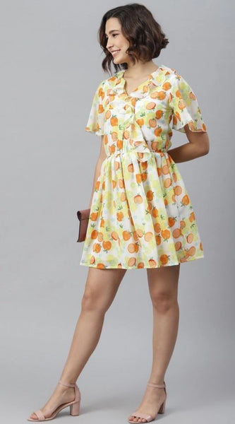 Mayawye Women's Polyester Printed Flutter Above Knee Dress (Yellow - Orange)