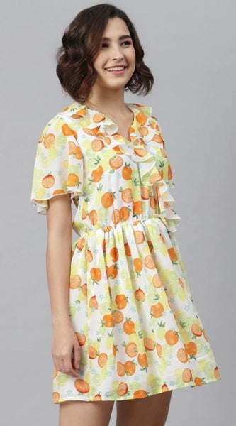 Mayawye Women's Polyester Printed Flutter Above Knee Dress (Yellow - Orange)