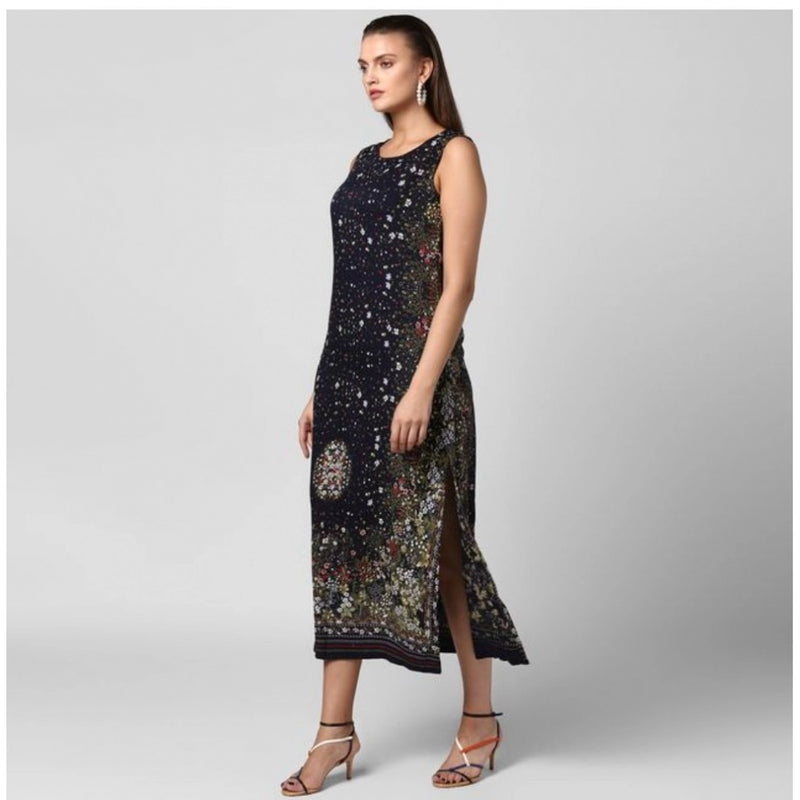 Mayawye Women's Rayon Floral Sleeveless Calf-length Dress (Black)
