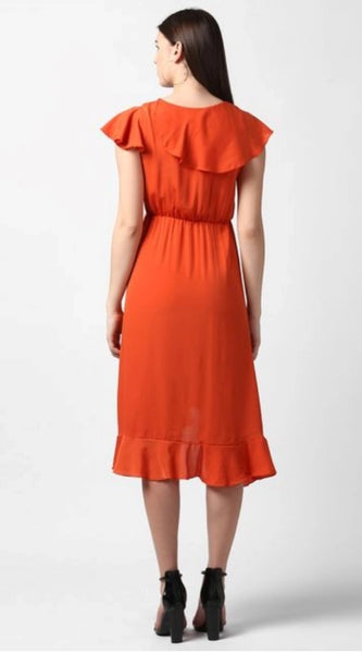Mayawye Women's Polyester Ruffled Cap Sleeve Knee-Length Dress (Orange)