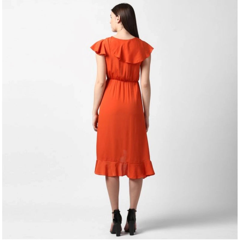 Mayawye Women's Polyester Ruffled Cap Sleeve Knee-Length Dress (Orange)