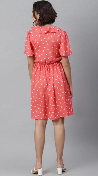 Mayawye Women's Polyester Polka Flutter Above Knee Dress (Coral)