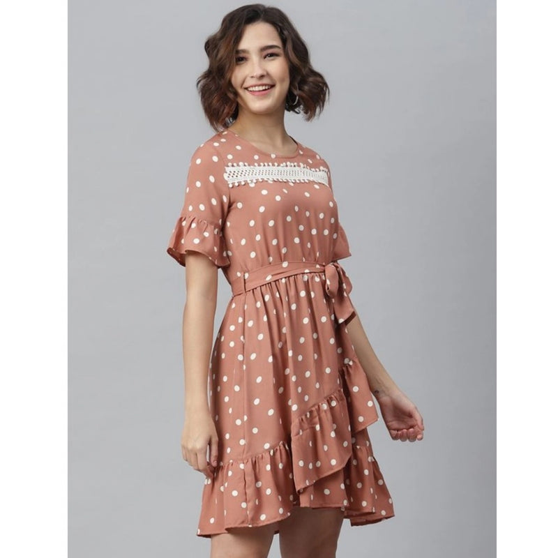 Mayawye Women's Polyester Polka Bell Sleeve Above Knee Dress (Brown)