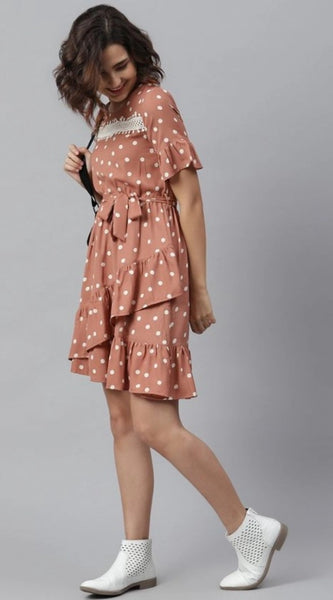 Mayawye Women's Polyester Polka Bell Sleeve Above Knee Dress (Brown)
