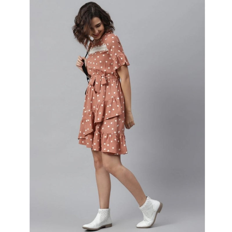 Mayawye Women's Polyester Polka Bell Sleeve Above Knee Dress (Brown)