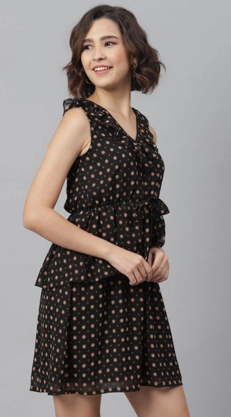 Mayawye Women's Polyester Peplum Sleeveless Above Knee Dress (Black)