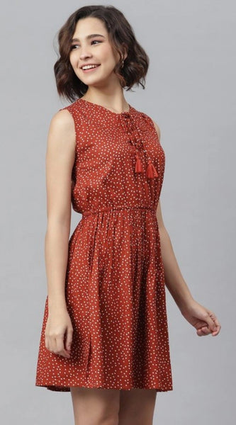 Mayawye Women's Rayon Polka Sleeveless Above Knee Dress (Rust)