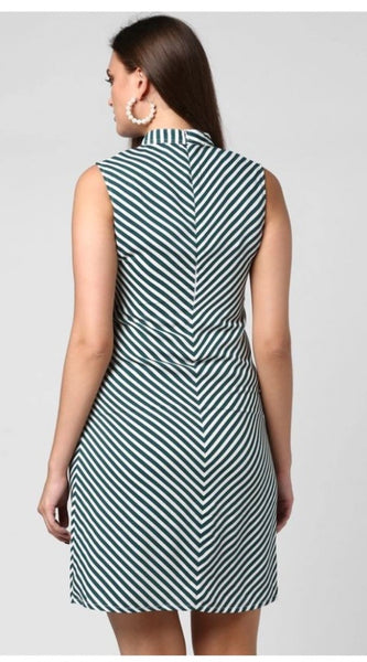 Mayawye Women's Polyester Striped Sleeveless Above Knee Dress (Green)