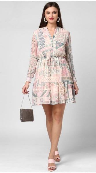 Mayawye Women's Polyester Printed Long Sleeves Above Knee Dress (Light Pink - Off White)