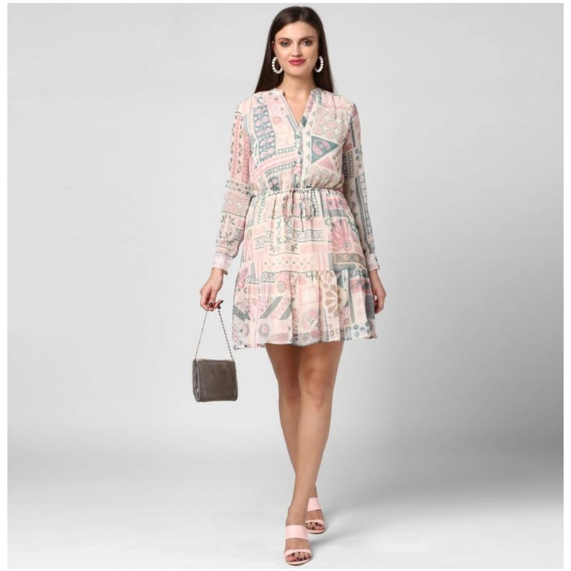 Mayawye Women's Polyester Printed Long Sleeves Above Knee Dress (Light Pink - Off White)