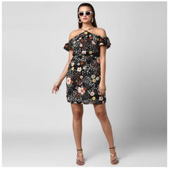 Mayawye Women's Polyester Floral Cold Shoulder Above Knee Dress (Black)