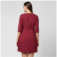 Mayawye Women's Cotton Solid 3-4th Sleeves Above Knee Dress (Maroon)