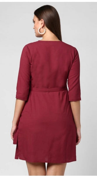 Mayawye Women's Cotton Solid 3-4th Sleeves Above Knee Dress (Maroon)