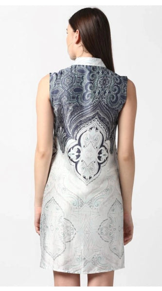 Mayawye Women's Polyester Printed Sleeveless Above Knee Dress (Blue)
