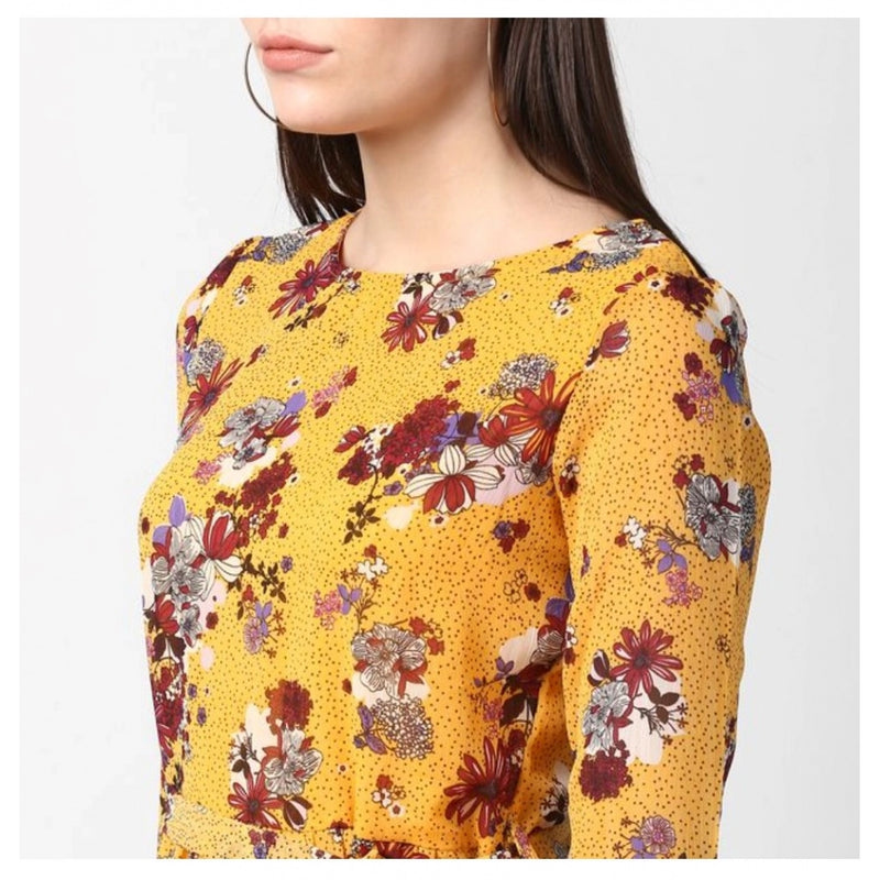 Mayawye Women's Polyester Floral Long Sleeves Calf-length Dress (Yellow)